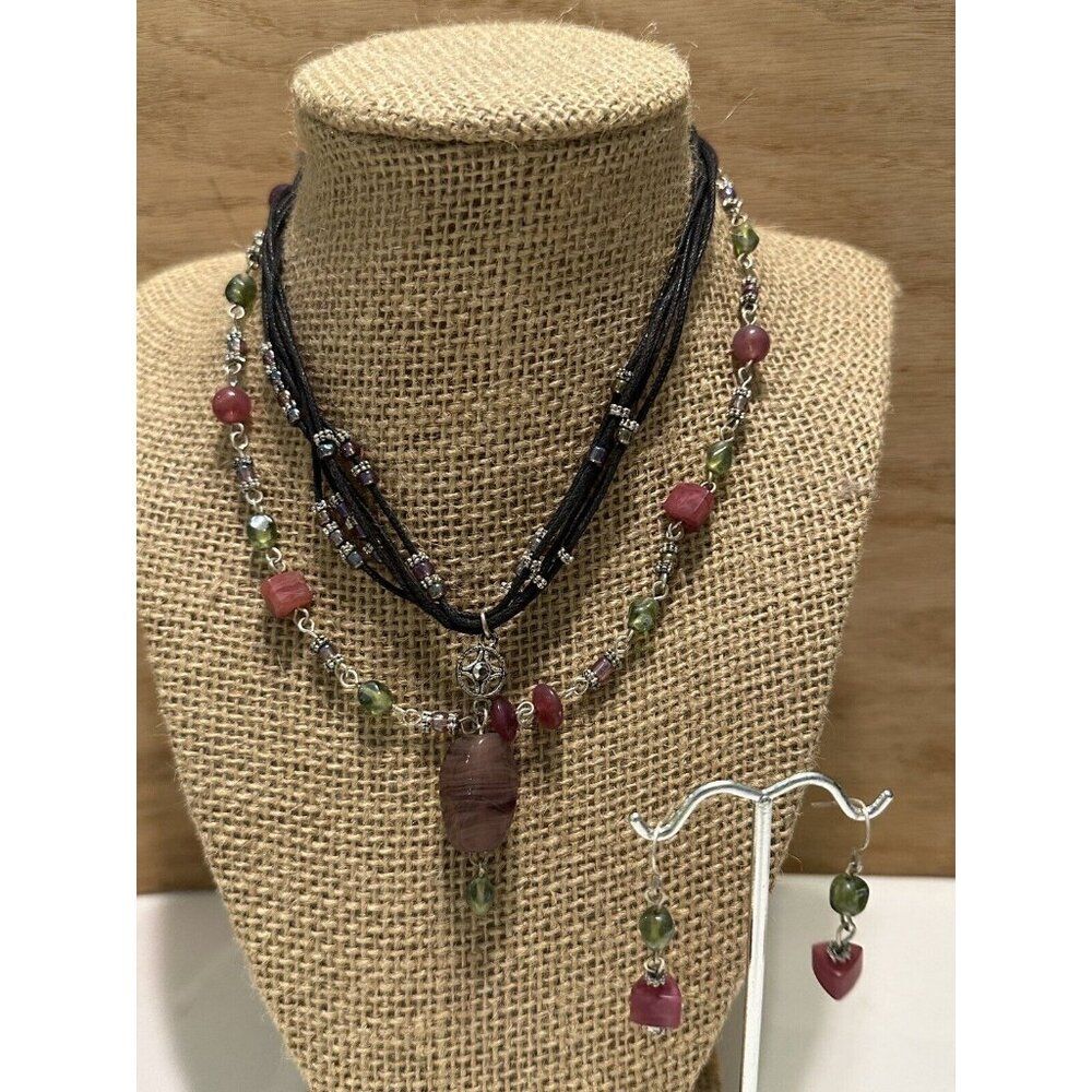Beaded Silver Tone Corded Multi Strand Necklace Earring Set